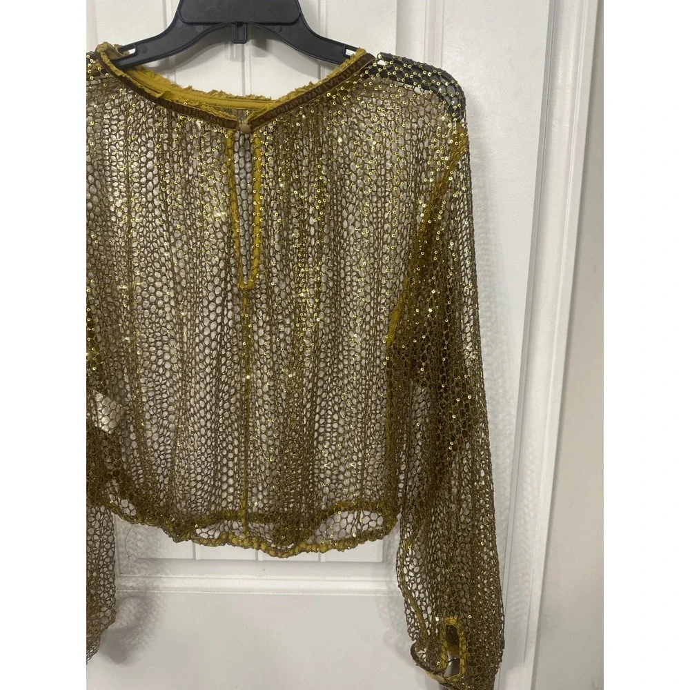 Gold Sequin Mesh Long Sleeve Cropped Top Sheer Metallic Party Blouse Womens